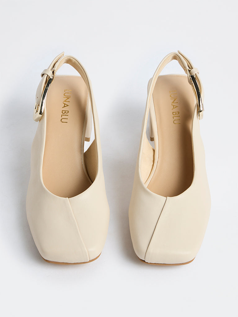 LUNA BLU Ivory Buckle-Detail Slingback Block Heel Shoes