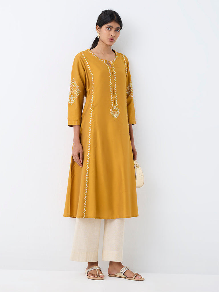 Utsa Mustard Embroidered A-Line Kurta