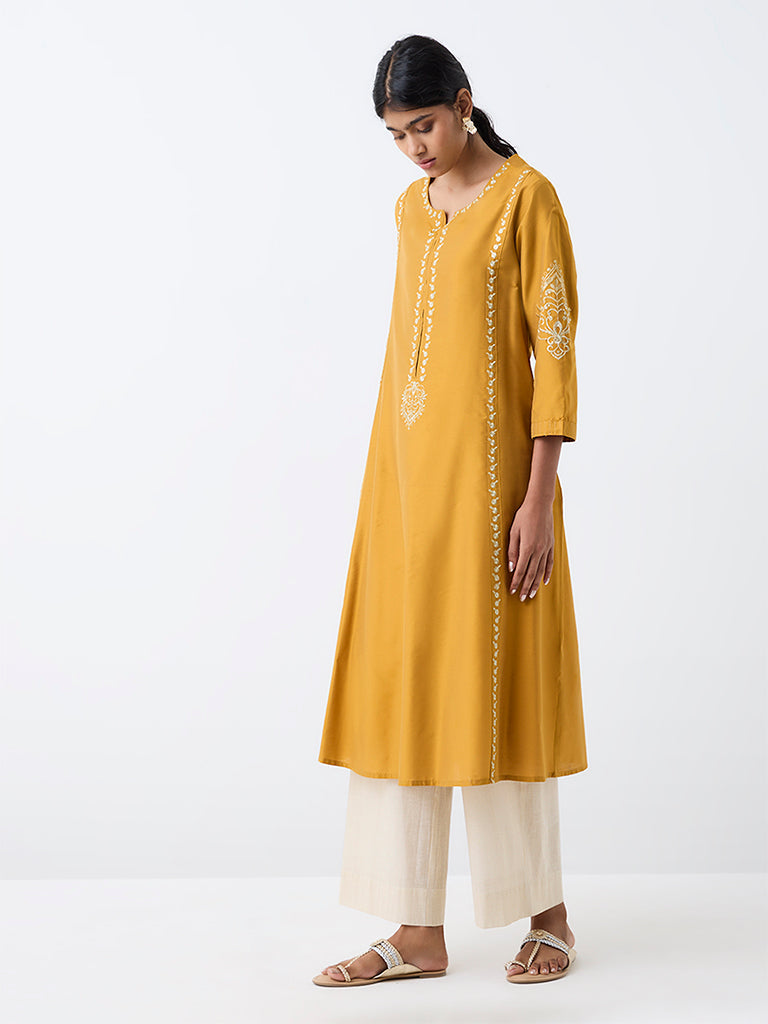 Utsa Mustard Embroidered A-Line Kurta
