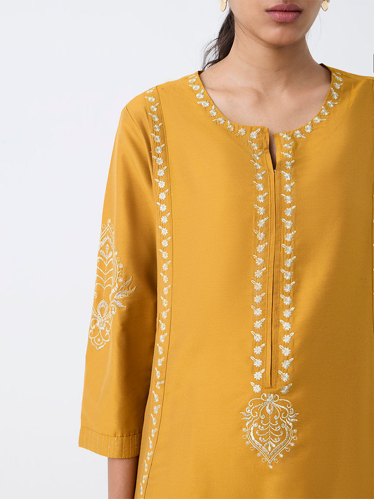Utsa Mustard Embroidered A-Line Kurta