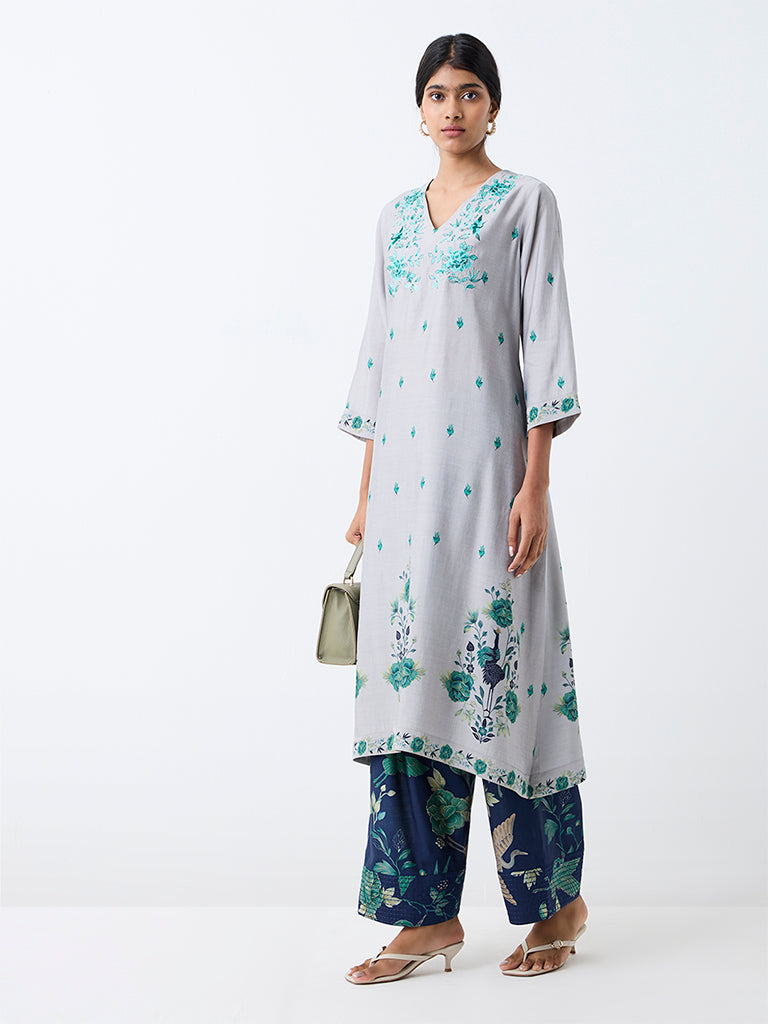 Utsa Grey Floral Pattern A-Line Kurta
