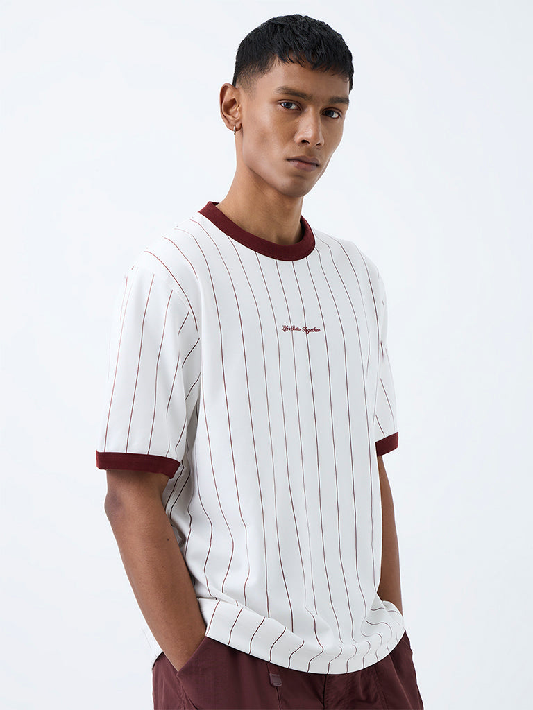Nuoflexx White and Burgundy Striped Relaxed-Fit Cotton-Blend T-Shirt