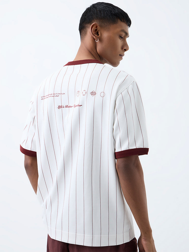 Nuoflexx White and Burgundy Striped Relaxed-Fit Cotton-Blend T-Shirt
