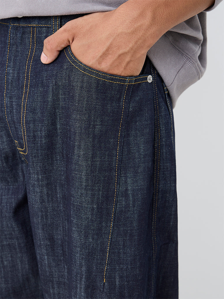 Nuon Dark Blue Washed Barrel-Fit Mid-Rise Jeans