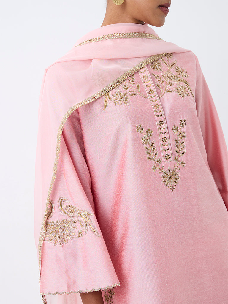Vark Light Pink Floral Embroidered Straight Ethnic Set