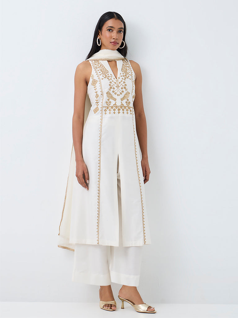 Vark Off-White Nature-Theme Embroidered A-Line Ethnic Set