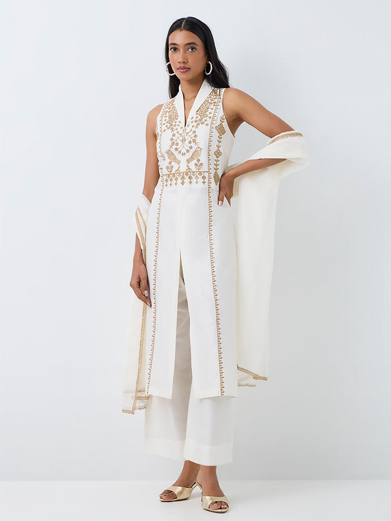 Vark Off-White Nature-Theme Embroidered A-Line Ethnic Set