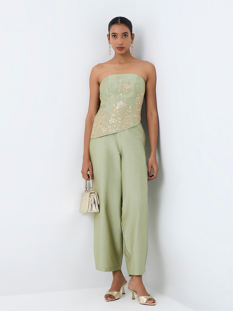 Vark Sage Floral Embroidered Tube Top and Barrel Pants Ethnic Set