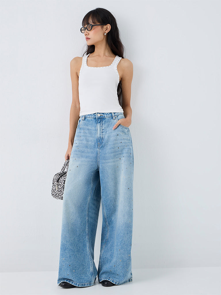 Nuon Blue Stud Detailed High-Rise Jeans
