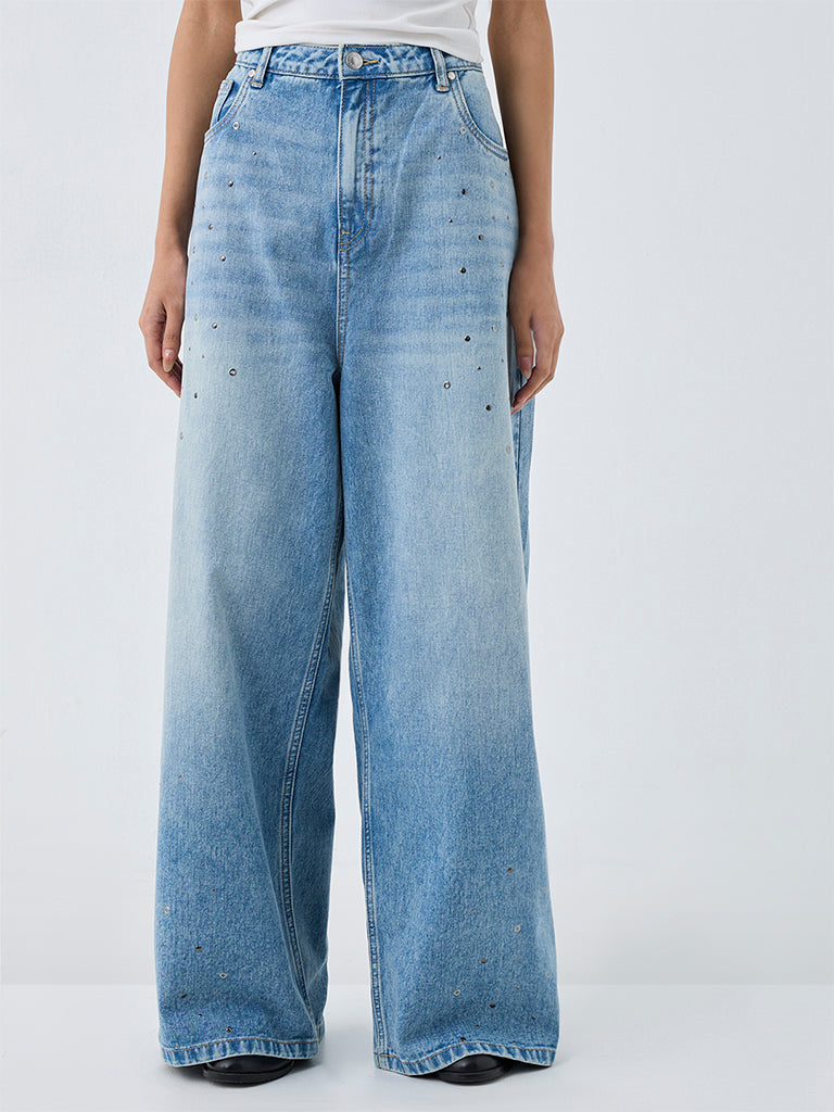 Nuon Blue Stud Detailed High-Rise Jeans