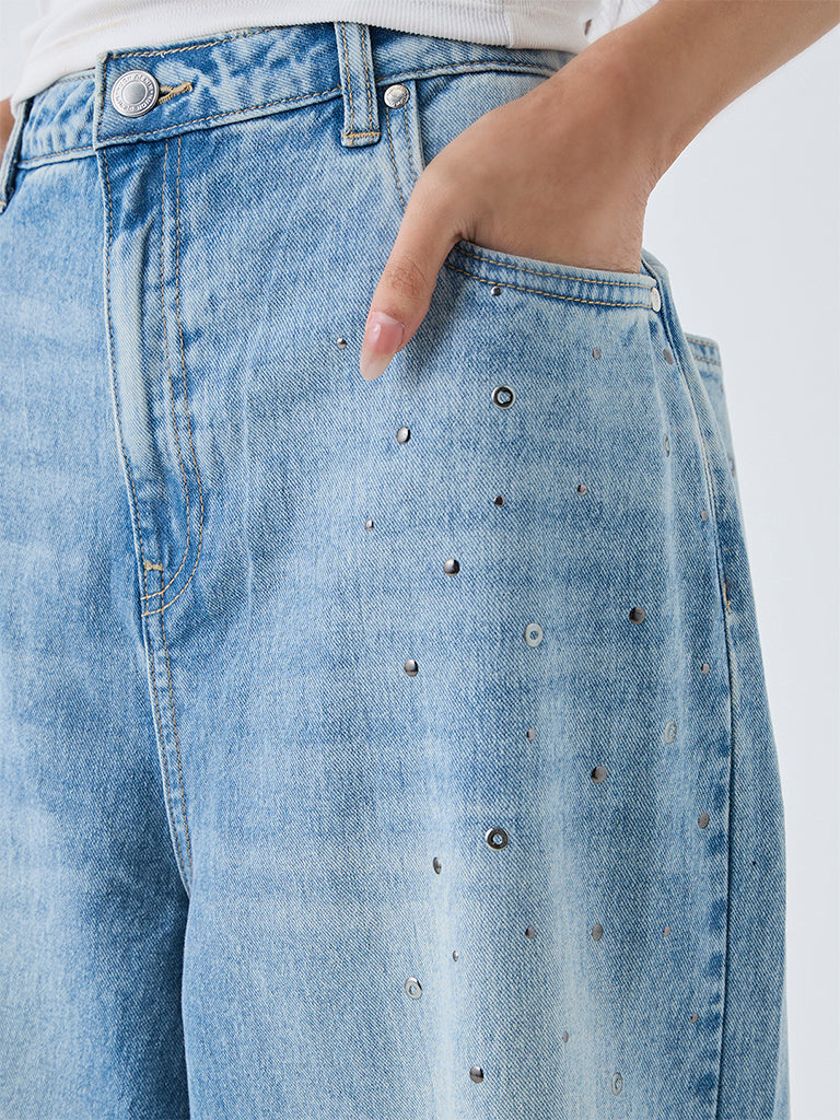 Nuon Blue Stud Detailed High-Rise Jeans