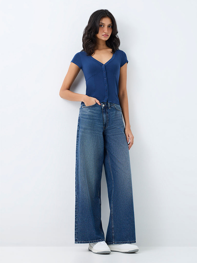Nuon Blue-Wash High-Waist Wide Leg Fit Jeans