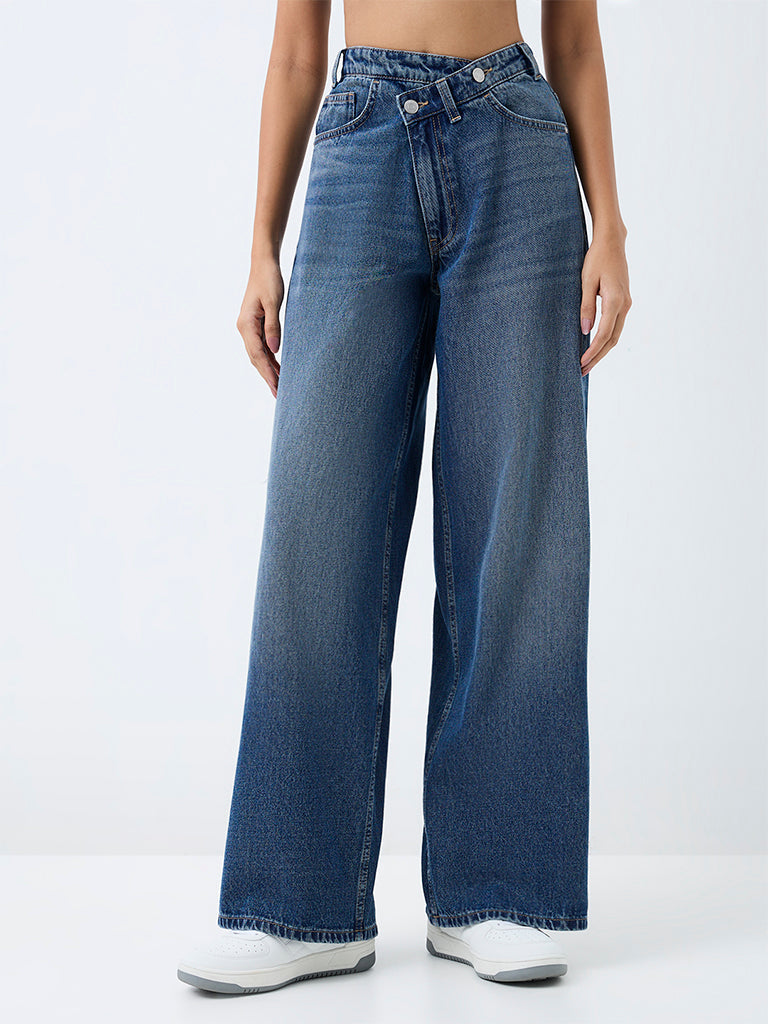 Nuon Blue-Wash High-Waist Wide Leg Fit Jeans