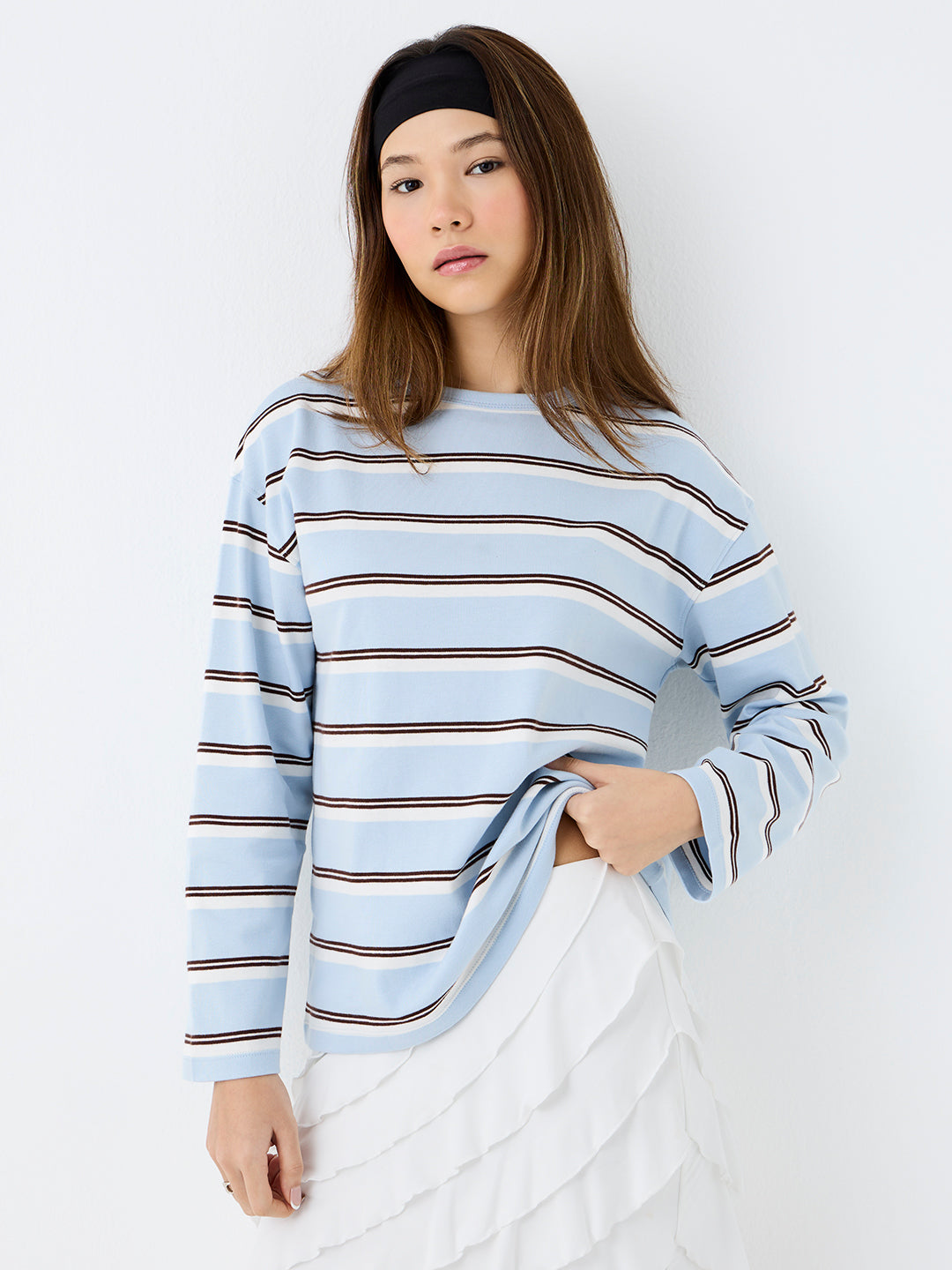 Nuon Light Blue Striped Cotton T-Shirt