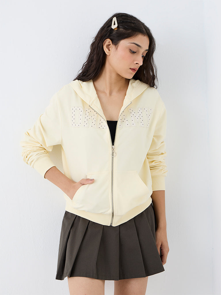 Nuon Light Yellow Text Embroidered Hooded Jacket