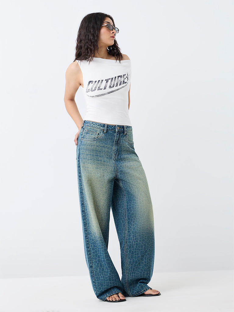 Nuon White Text Printed Off-Shoulder Top