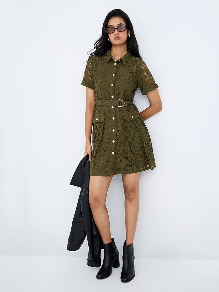 LOV Olive Lace Detailed Shirt Dress with Belt