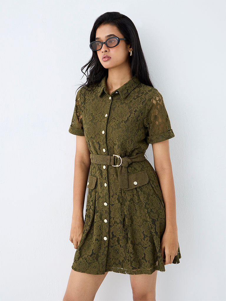 LOV Olive Lace Detailed Shirt Dress with Belt