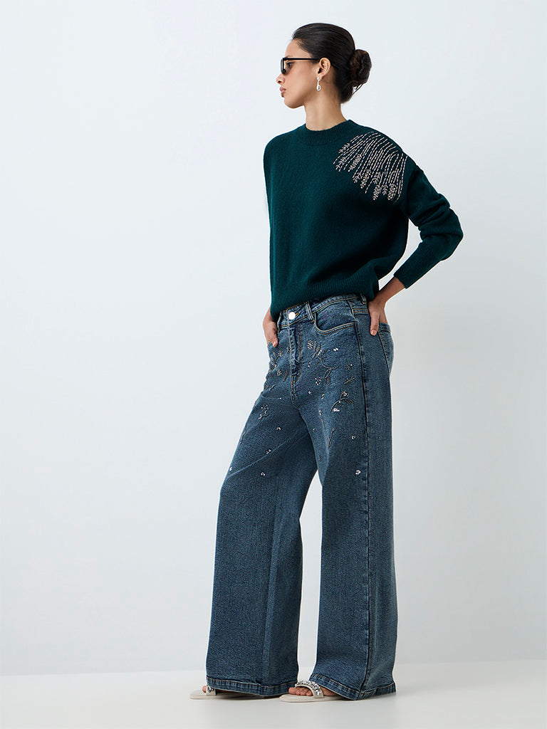LOV Dark Teal Embellished Sweater