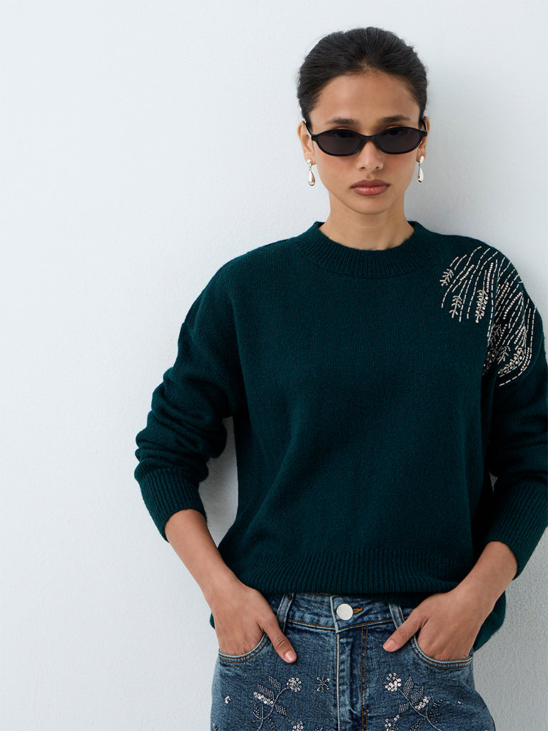 LOV Dark Teal Embellished Sweater