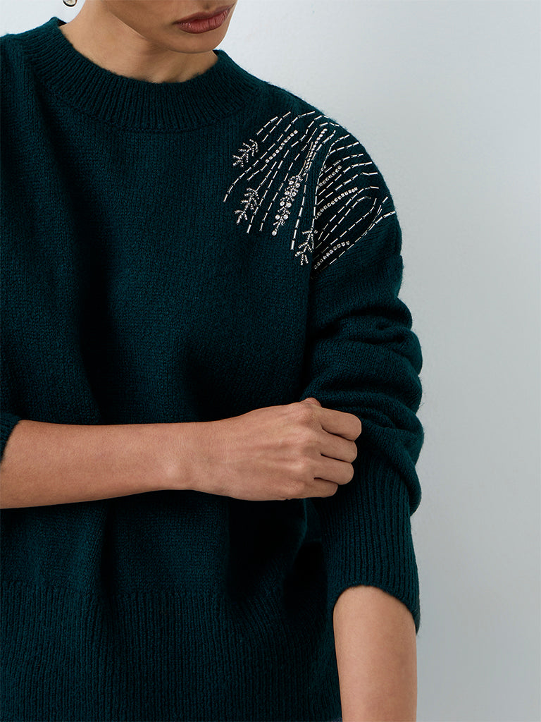 LOV Dark Teal Embellished Sweater