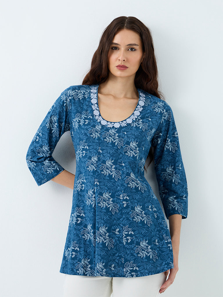 Utsa Blue Botanical Printed Cotton-Blend Kurti