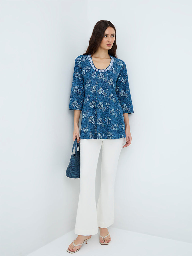 Utsa Blue Botanical Printed Cotton-Blend Kurti