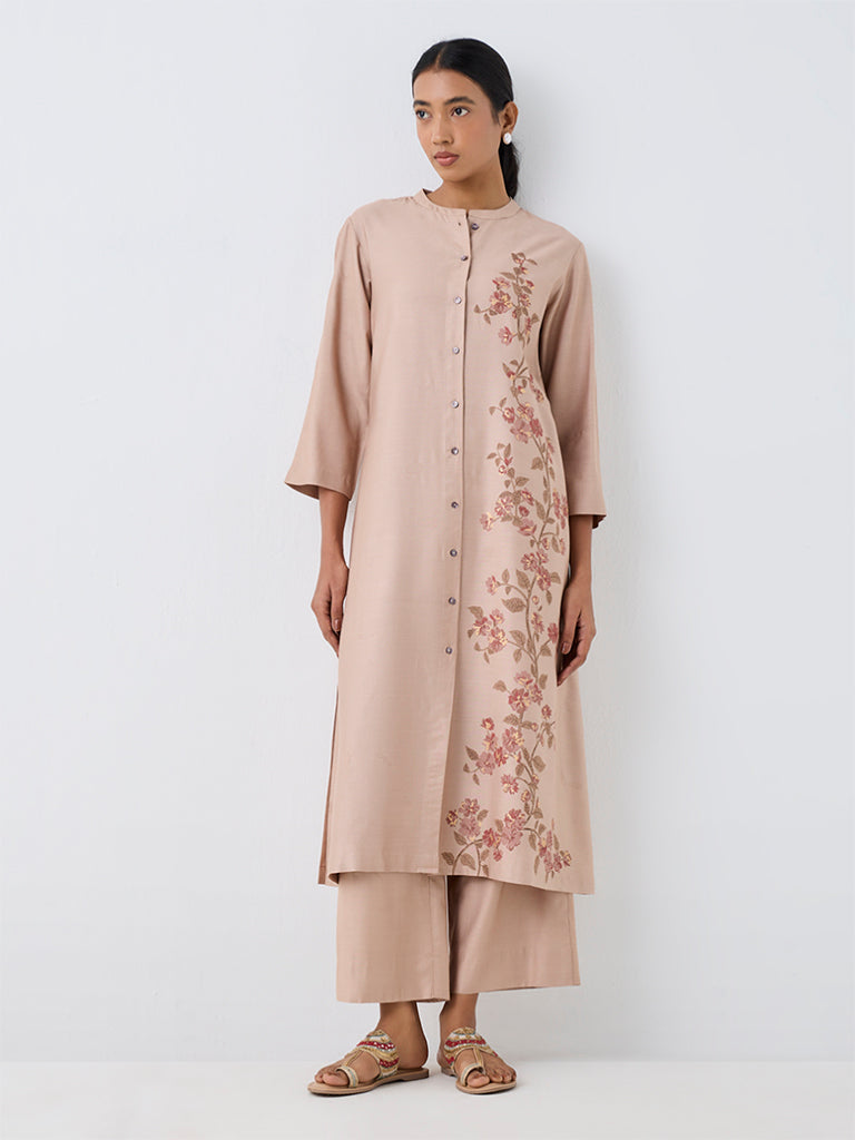 Zuba Beige Floral Embroidered A-Line Kurta
