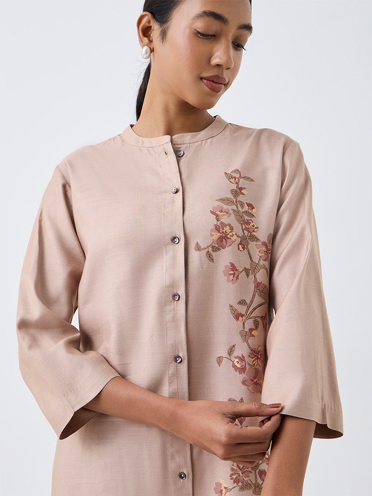 Zuba Beige Floral Embroidered A-Line Kurta