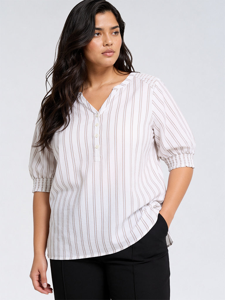 Gia Beige and White Striped Cotton Blouse
