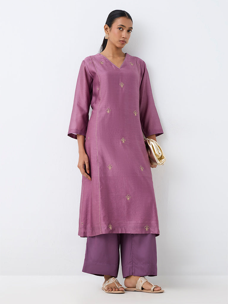 Zuba Purple Floral Embroidered Cotton-Blend A-Line Kurta