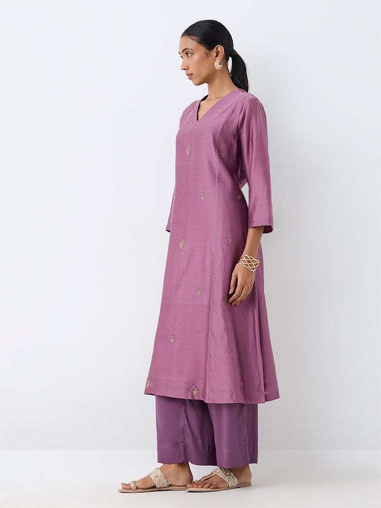 Zuba Purple Floral Embroidered Cotton-Blend A-Line Kurta