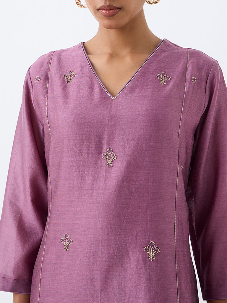 Zuba Purple Floral Embroidered Cotton-Blend A-Line Kurta
