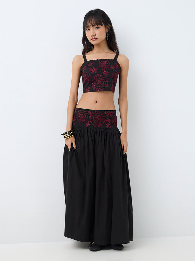 Bombay Paisley Black Floral Embroidered High-Rise Cotton-Blend Skirt