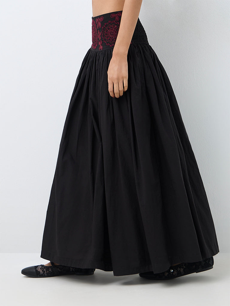 Bombay Paisley Black Floral Embroidered High-Rise Cotton-Blend Skirt