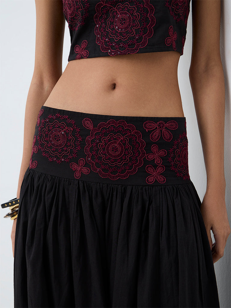 Bombay Paisley Black Floral Embroidered High-Rise Cotton-Blend Skirt