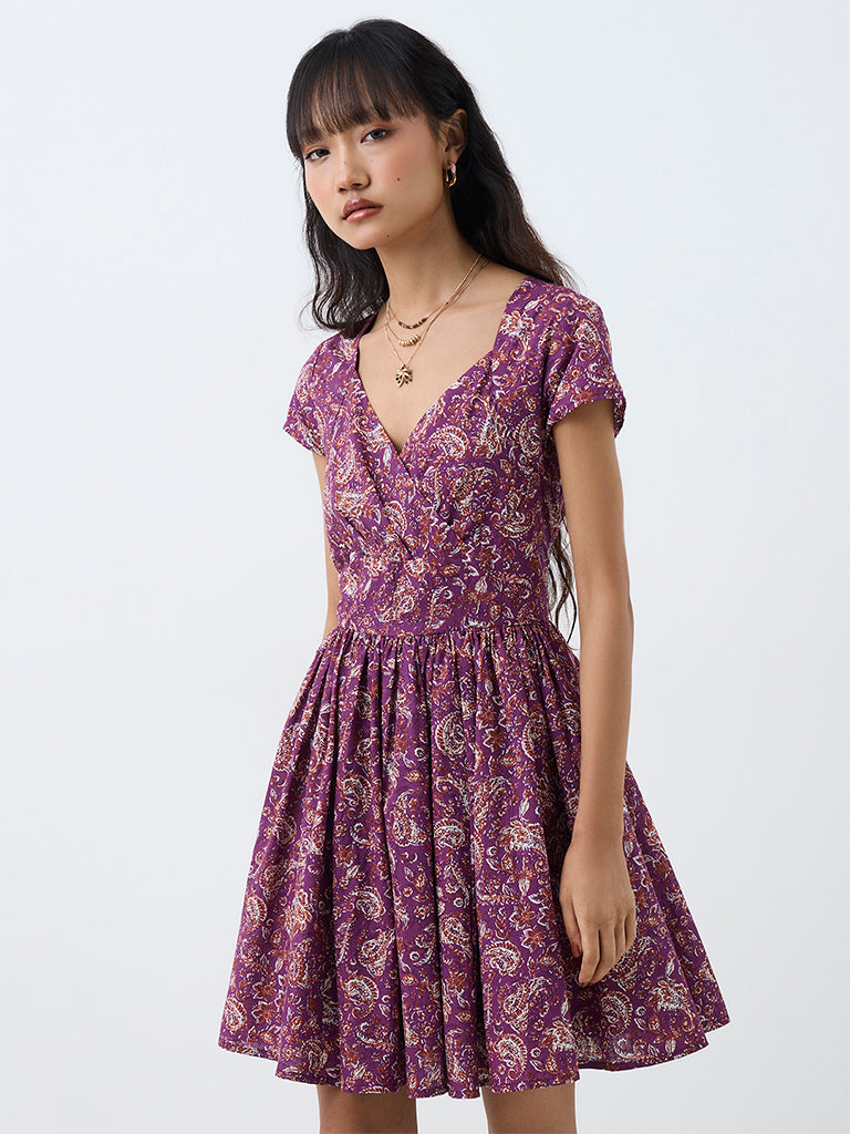 Bombay Paisley Purple Paisley Printed Cotton Fit-and-Flare Dress