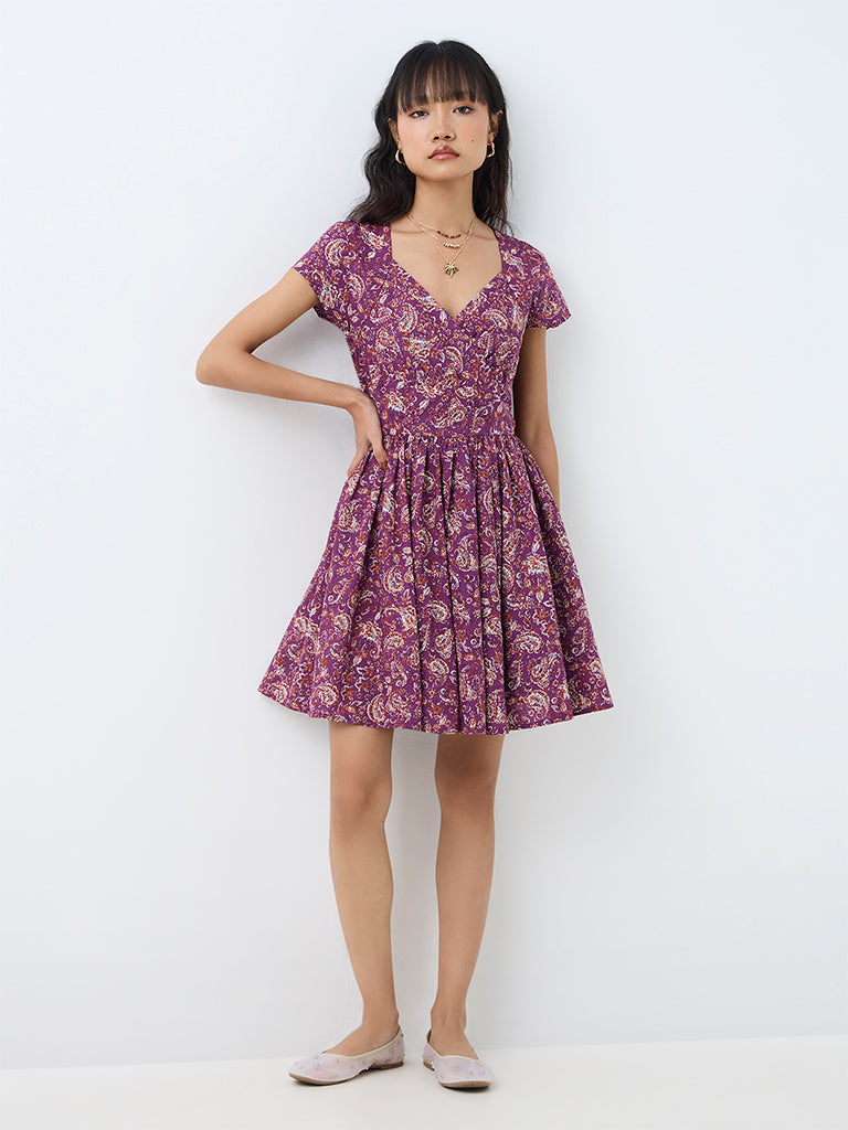 Bombay Paisley Purple Paisley Printed Cotton Fit-and-Flare Dress