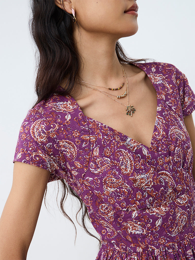 Bombay Paisley Purple Paisley Printed Cotton Fit-and-Flare Dress