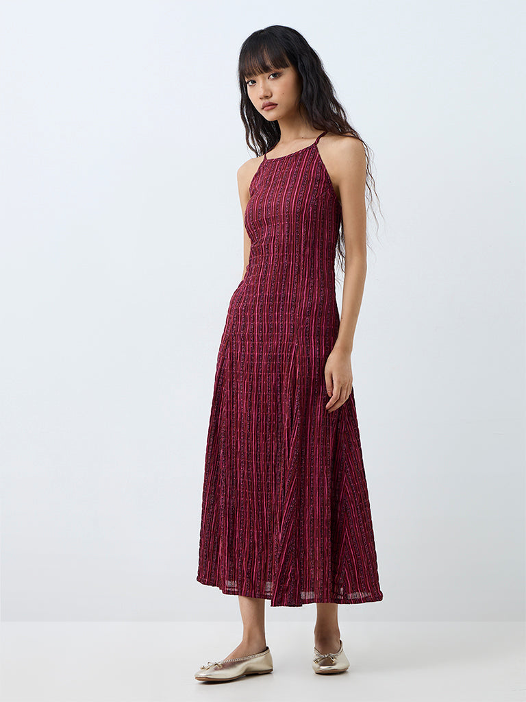 Bombay Paisley Wine Striped Cotton-Blend A-Line Dress