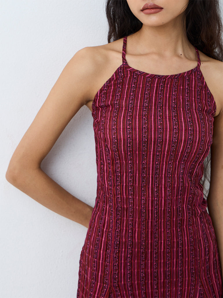 Bombay Paisley Wine Striped Cotton-Blend A-Line Dress