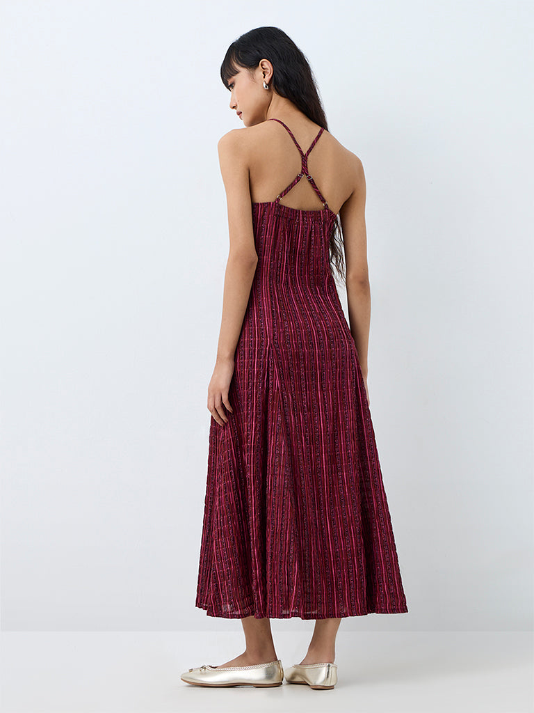 Bombay Paisley Wine Striped Cotton-Blend A-Line Dress