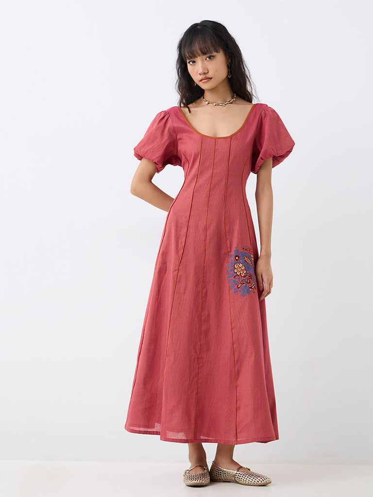 Bombay Paisley Dusty Pink Piping-Detail Cotton-Blend A-Line Dress