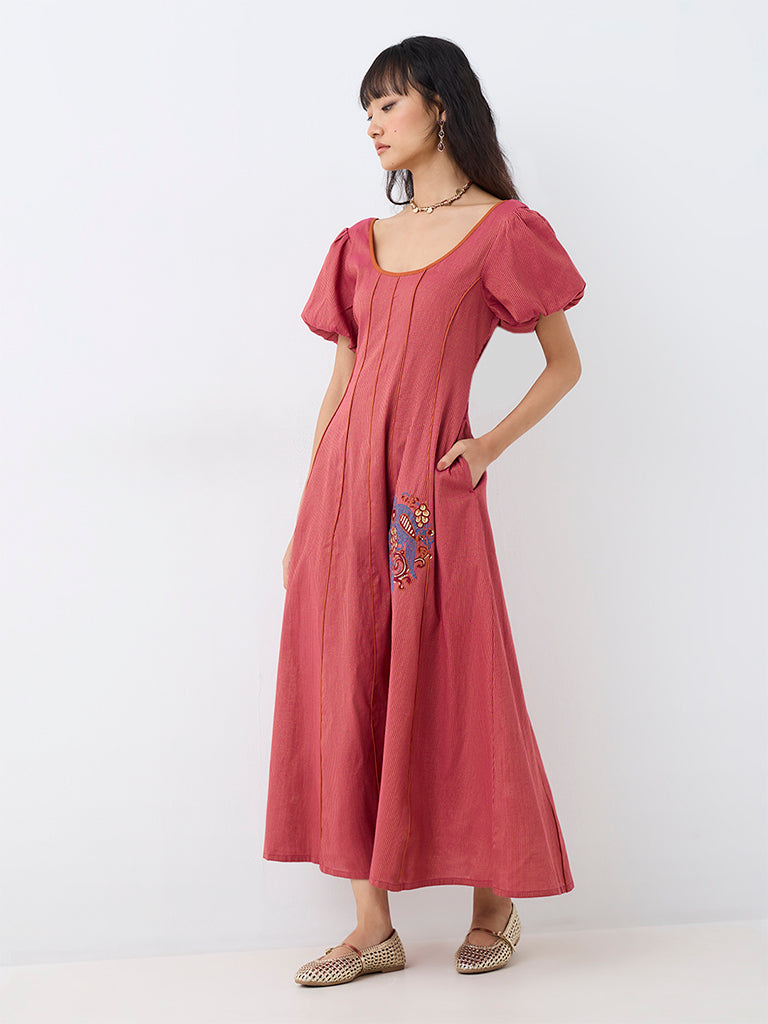 Bombay Paisley Dusty Pink Piping-Detail Cotton-Blend A-Line Dress
