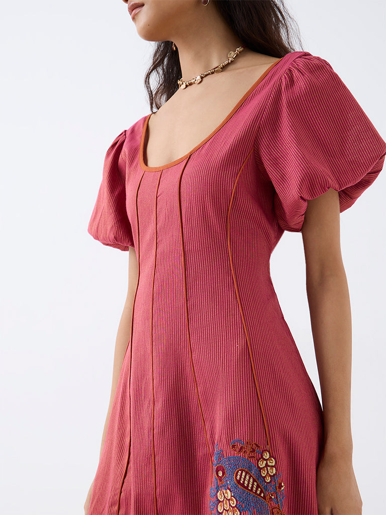 Bombay Paisley Dusty Pink Piping-Detail Cotton-Blend A-Line Dress
