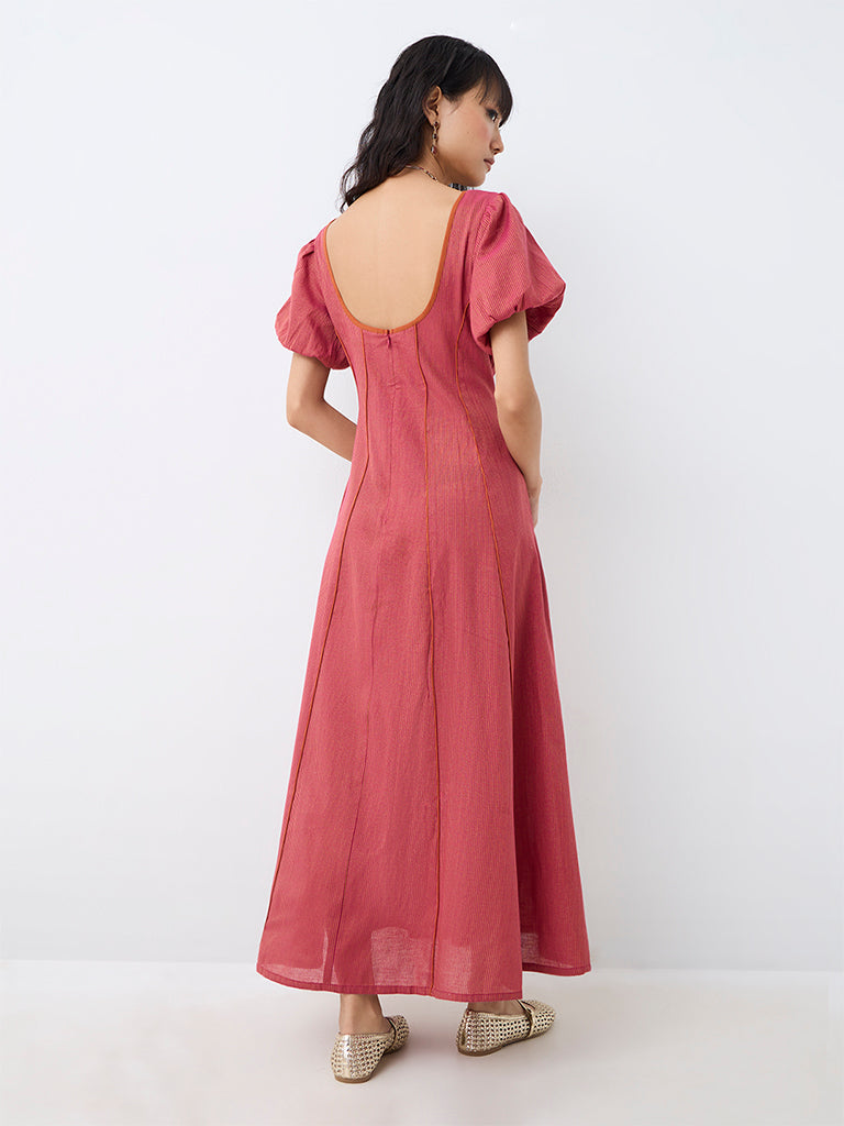 Bombay Paisley Dusty Pink Piping-Detail Cotton-Blend A-Line Dress