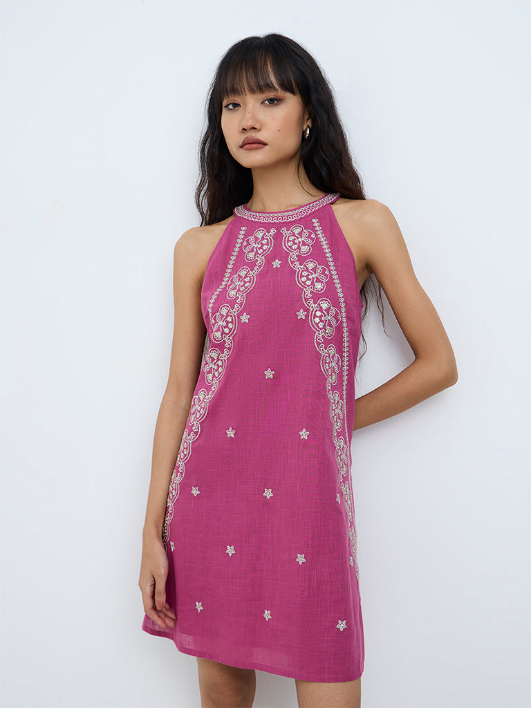 Bombay Paisley Pink Floral Embroidered Cotton Shift Dress