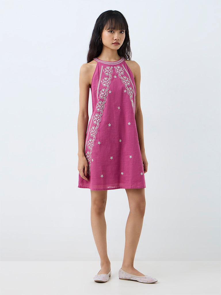 Bombay Paisley Pink Floral Embroidered Cotton Shift Dress