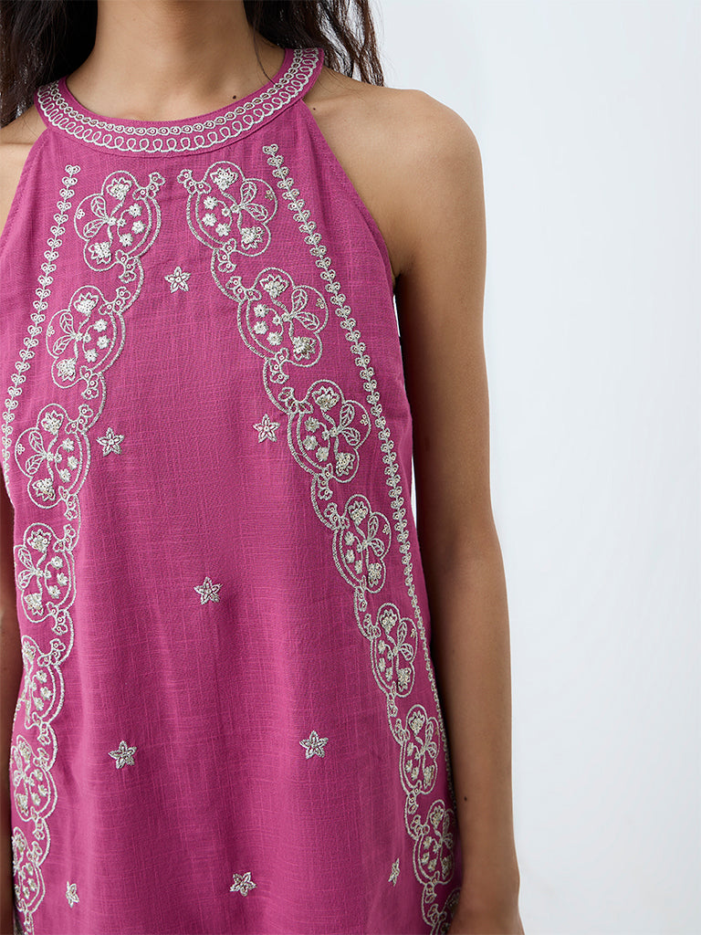 Bombay Paisley Pink Floral Embroidered Cotton Shift Dress