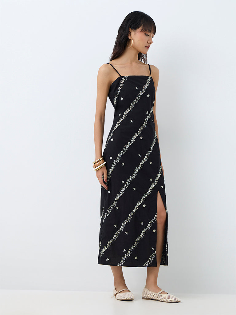 Bombay Paisley Black Floral Embroidered Cotton Straight Dress